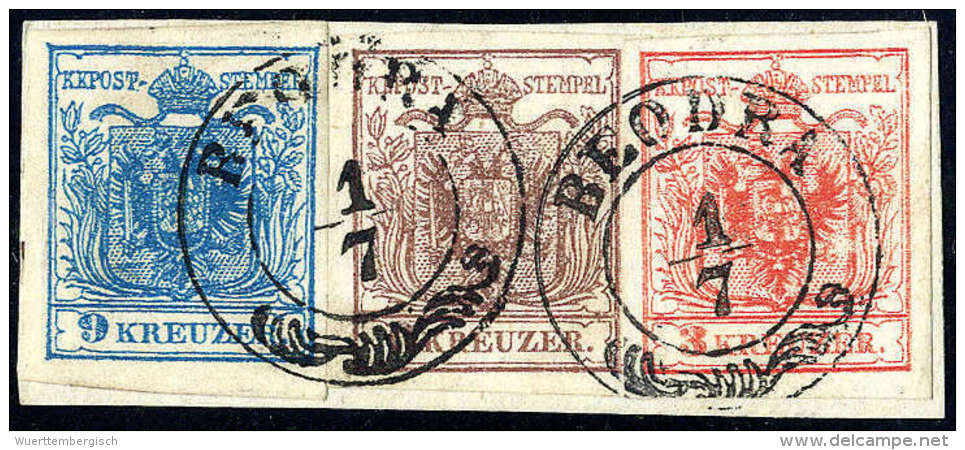Briefst. 3 Kr. Rot, Type IIIb, 6 Kr. Braun, Type III, 9 Kr. Blau, Type IIIb, Alle Gut Gerandet Und In Einer Reihe... - Other & Unclassified