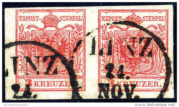 Gest. 3 Kr. Rot, Type IIIa, Breitrandiges Paar Mit K1 LINZ 24.NOV. Kabinett. (Michel: 3Xa(2)) - Other & Unclassified
