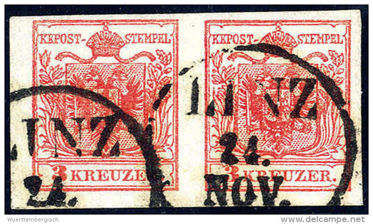 Gest. 3 Kr. Rot, Type IIIa, Breitrandiges Paar Mit K1 LINZ 24.NOV. Kabinett. (Michel: 3Xa(2)) - Autres & Non Classés