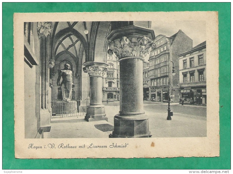 Hagen In Westfalen Rathaus Mit "Eisernem Schmied" 2 Scans (Meister Pils - W. Quitmann - Cigarren) Die Stadt Im Grünen - Hagen