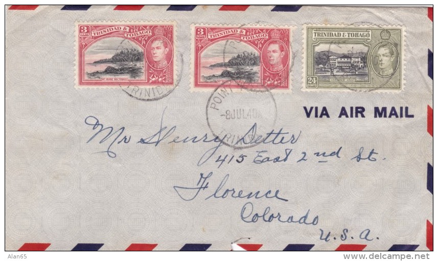 Trinidad &amp; Tobago Sc#52 #58 3c And 24c 1938 Issue On Cover To Florence Colorado C1940 Cover WWII Censor Marking - Trinité & Tobago (...-1961)