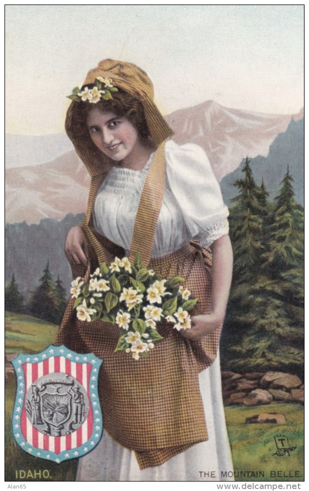Idaho State Belles Series Tuck 2669, State Crest Beautiful Woman, C1900s Vintage Postcard - Autres & Non Classés