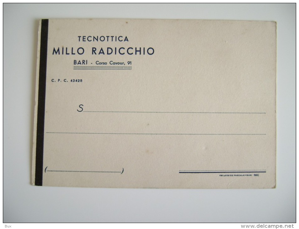 BARI  1943  DA  MILANO  CARTOLINA  REFERENZE  TECNOTTICA MILLO  RADICCHIO   OTTICO   NON  VIAGGIATA  COME DA FOTO - Negozi