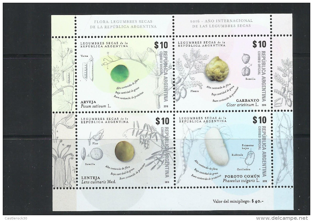 O) 2016 ARGENTINA, FOODS - DRIED VEGETABLES - FABACEAE, PISUM SATIVUM,CICER AIETINUM, LENS CULINARIS, PHASEOLUS VULGARIS - Unused Stamps