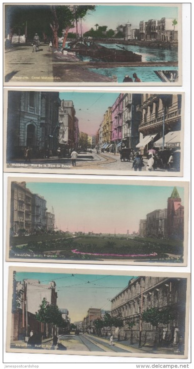 FOUR REAL PHOTOGRAPHIC POSTCARDS ALEXANDRIA - Canal Mahmoudieh, Rue De La Gare De Ramleh, Jardin Francais, Rue Kedive - Alexandria