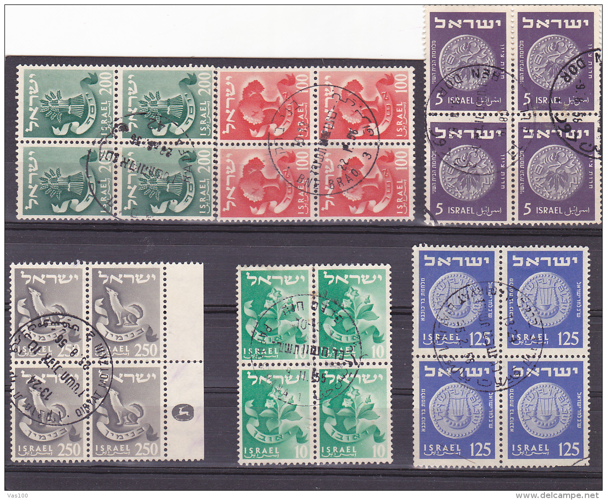 #172  ISRAEL, USED, STAMPS IN BLOCKS OF FOUR X6, ISRAEL - Oblitérés (avec Tabs)