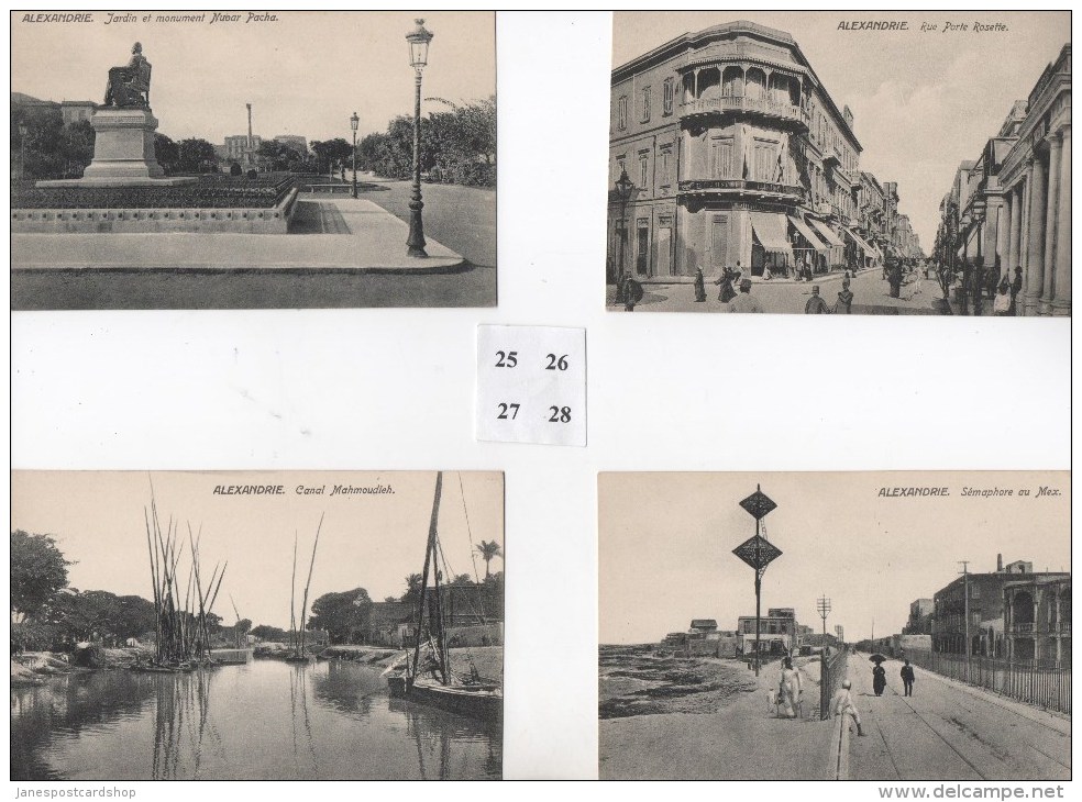 FOUR BLACK & WHITE POSTCARDS ALEXANDRIA - Jardin Et Monument Nubar Pacha, Rue Porte Rosette, Canal Mahmoudieh, Semaphore - Alexandria