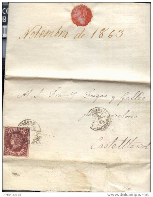 Año 1862 Edifil 58 4c Isabel II  Carta  Matasellos Igualada Barcelona - Gebraucht