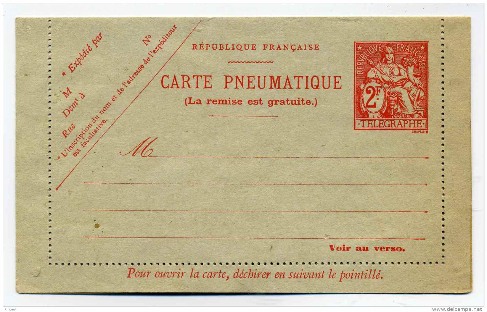 Carte Lettre Pneumatique Pour PARIS / Ref YT N°2606  Au Type Chaplain / Tarif à 2Frs /  Neuf - Pneumatici