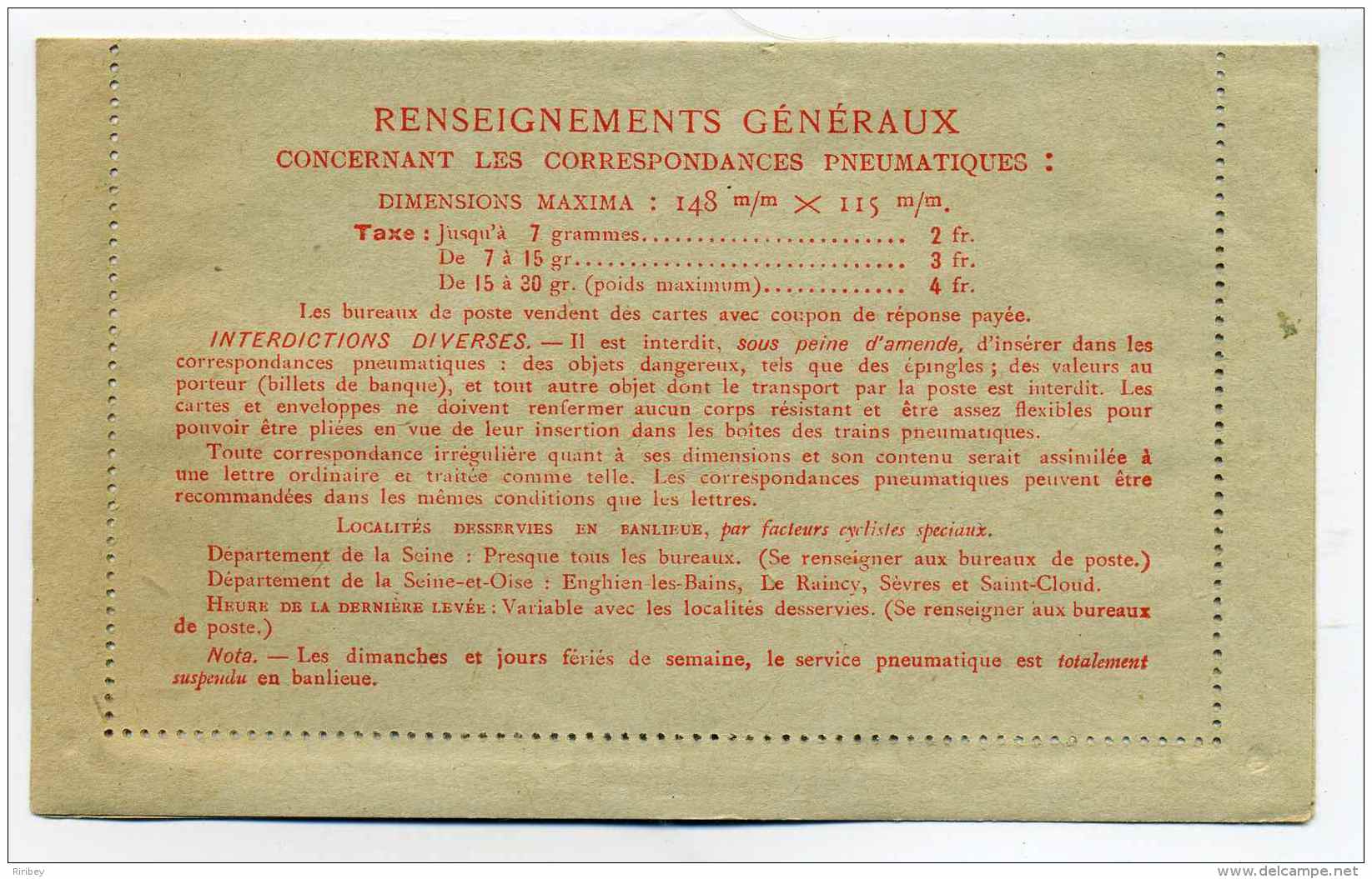 Carte Lettre Pneumatique Pour PARIS / Ref YT N°2606  Au Type Chaplain / Tarif à 2Frs /  Neuf - Pneumatic Post