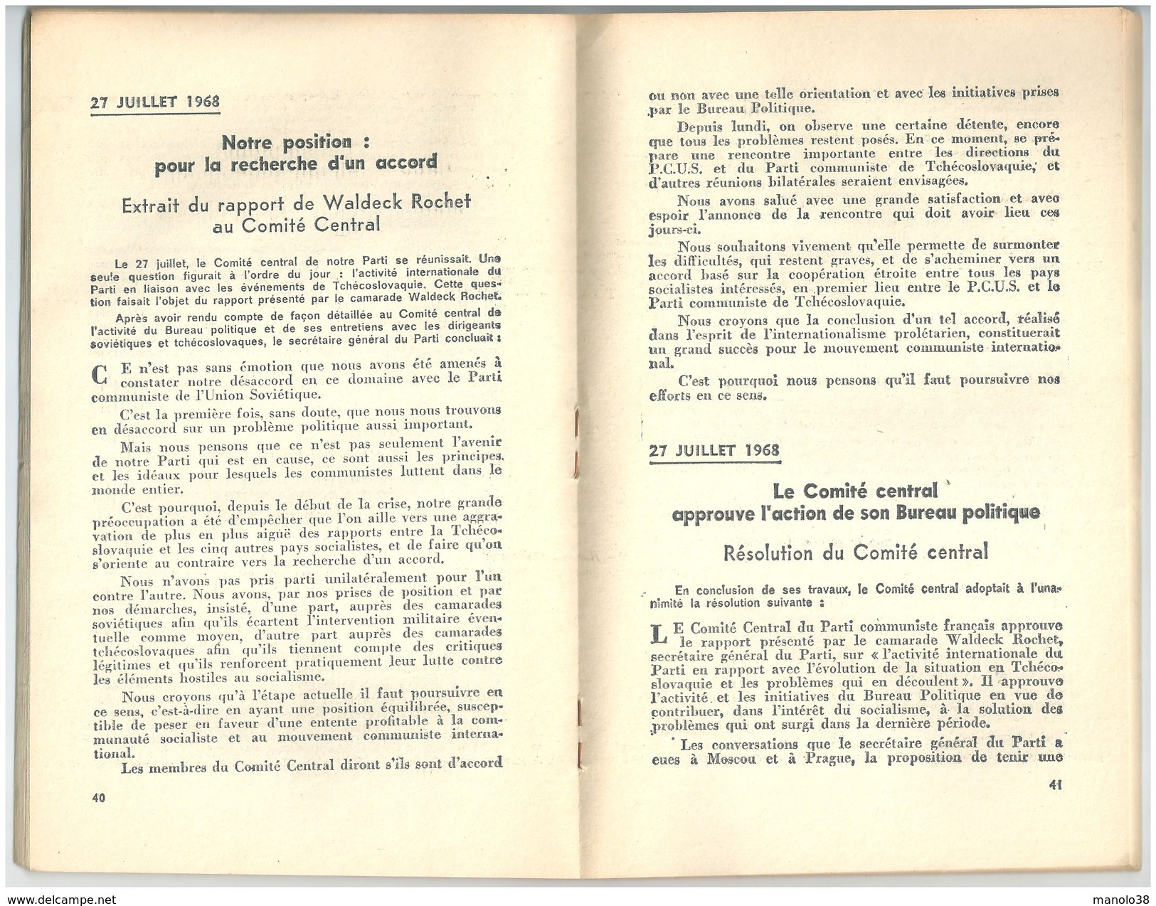 Le Parti Communiste Francais Et Les Evenements De Tchecoslovaquie 2 Septembre 1968 N°5 Document Interne Au PCF - Politique