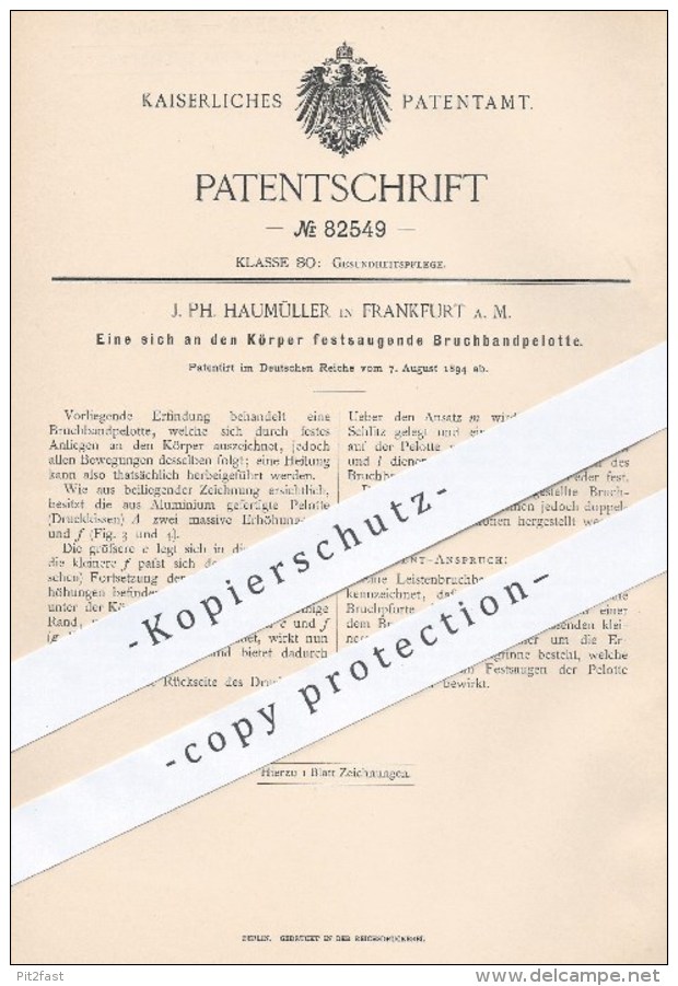Original Patent - J. Ph. Haumüller , Frankfurt  Main , 1894 , An Den Körper Sich Festsaugende Bruchbandpelotte , Medizin - Historische Dokumente
