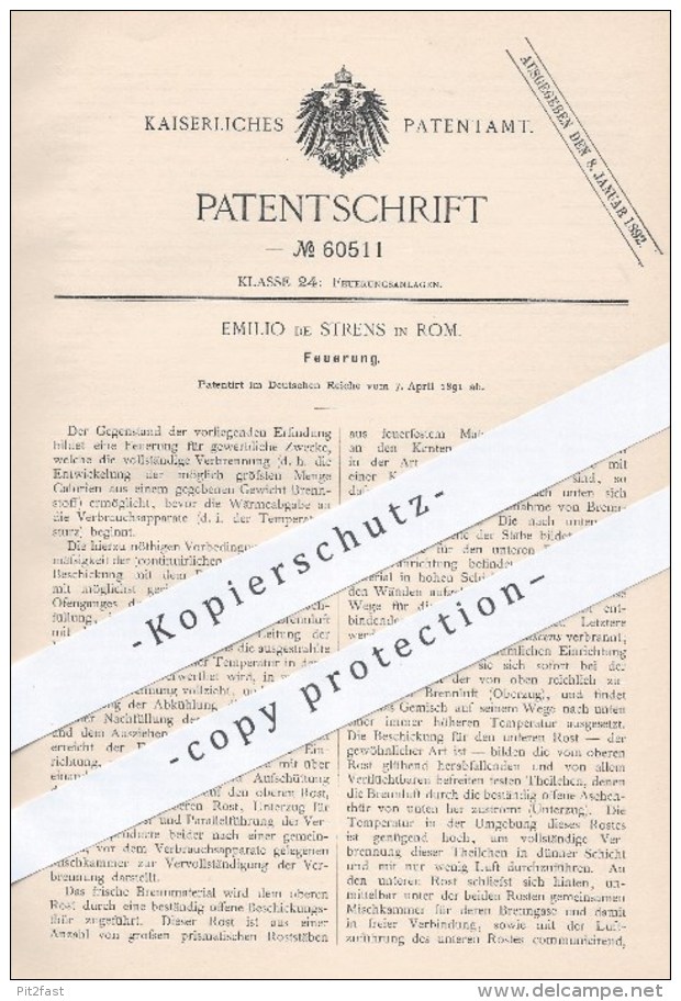 Original Patent - Emilio De Strens In Rom , Italien , 1894 , Feuerung , Heizung , Ofen , Öfen , Ofenbauer , Heizen !!! - Historische Dokumente