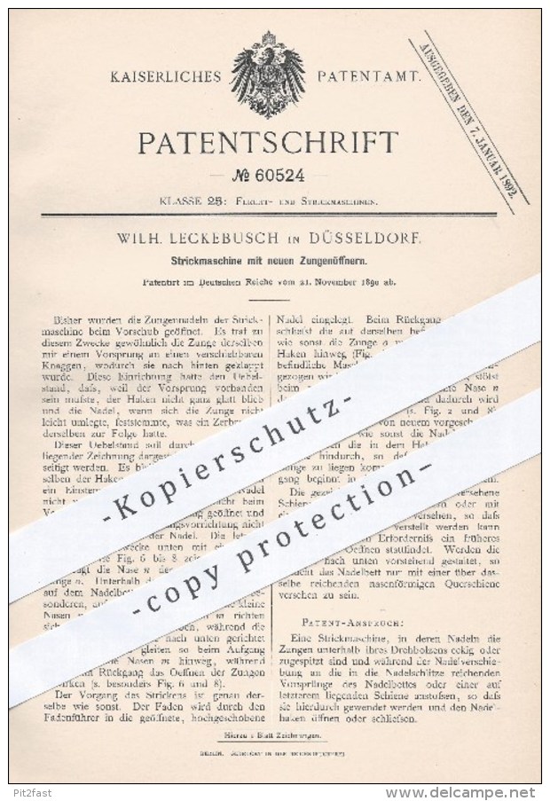 Original Patent - Wilh. Leckebusch In Düsseldorf , 1890 , Strickmaschine Mit Neuen Zungenöffnern , Stricken , Flechten ! - Historische Dokumente
