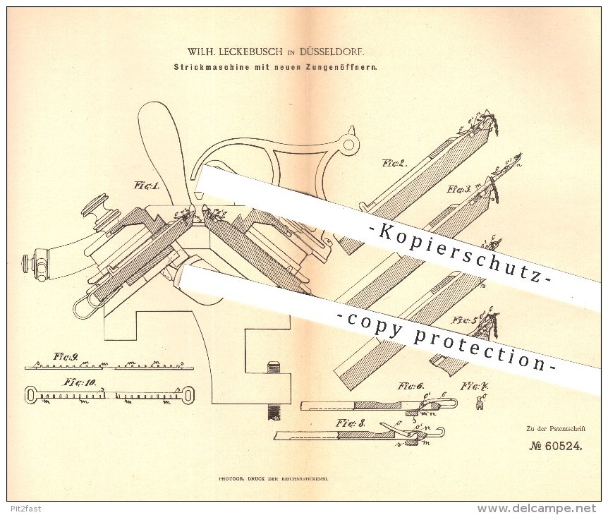 Original Patent - Wilh. Leckebusch In Düsseldorf , 1890 , Strickmaschine Mit Neuen Zungenöffnern , Stricken , Flechten ! - Historische Dokumente