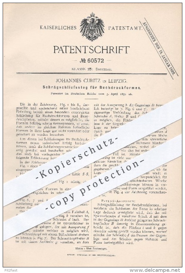 Original Patent - J. Curitz , Leipzig , 1891 , Schrägschliesssteg Für Buchdruckformen , Buchdruck , Druck , Druckerei !! - Historische Dokumente