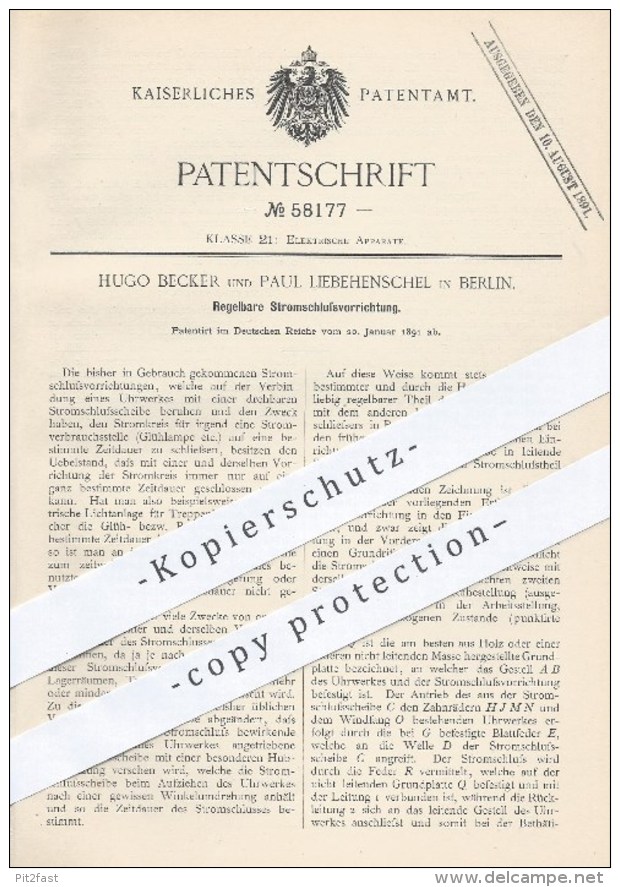 Original Patent - H. Becker U. P. Liebehenschel , Berlin , 1891 , Regelbare Stromschlussvorrichtung , Strom , Elektrik ! - Historische Dokumente