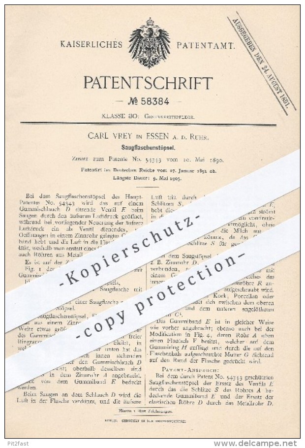 Original Patent - Carl Vrey , Essen / Ruhr , 1891 , Stöpsel Für Saugflaschen , Flasche , Flaschen , Gummi , Medizin !!! - Historische Dokumente
