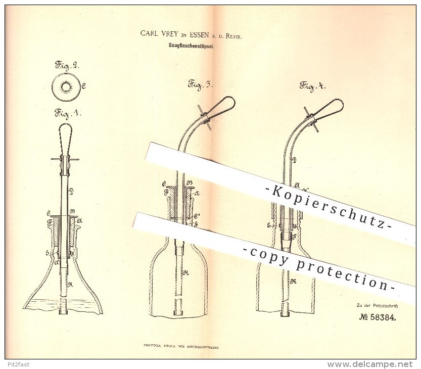 Original Patent - Carl Vrey , Essen / Ruhr , 1891 , Stöpsel Für Saugflaschen , Flasche , Flaschen , Gummi , Medizin !!! - Historische Dokumente