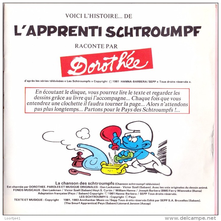 Disque Plaat 45 T - L' Apprenti Schtroumph - Smurfen - Peyo - 1983 - Raconté Par Dorothée - Texte Inclus 12 P. - 45 Toeren - Maxi-Single