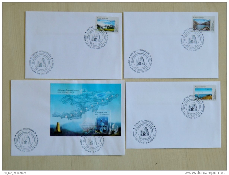 4 FDC Cover From Kyrgyzstan 2001 Year Of Tourism Mountains Cancel Mosque Map - Kirgisistan