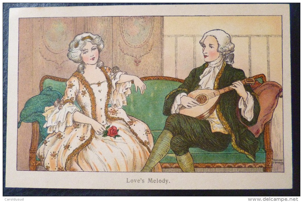 Cpa LITHO ILLUSTRATEUR  F. HARDY Love's Melody FAULKNER 1081 COUPLE MARQUIS MARQUISE SUR DIVAN MANDOLINE - Hardy, Florence