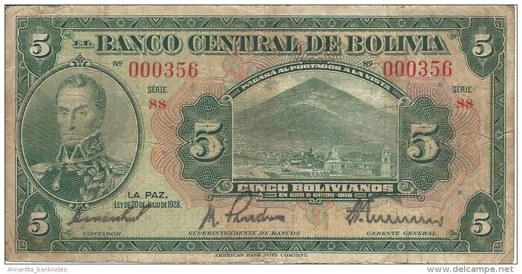 Bolivia (BCB) 5 Bolivianos 1928 Series S8 VF Cat No. P-120a / BO308a - Bolivie