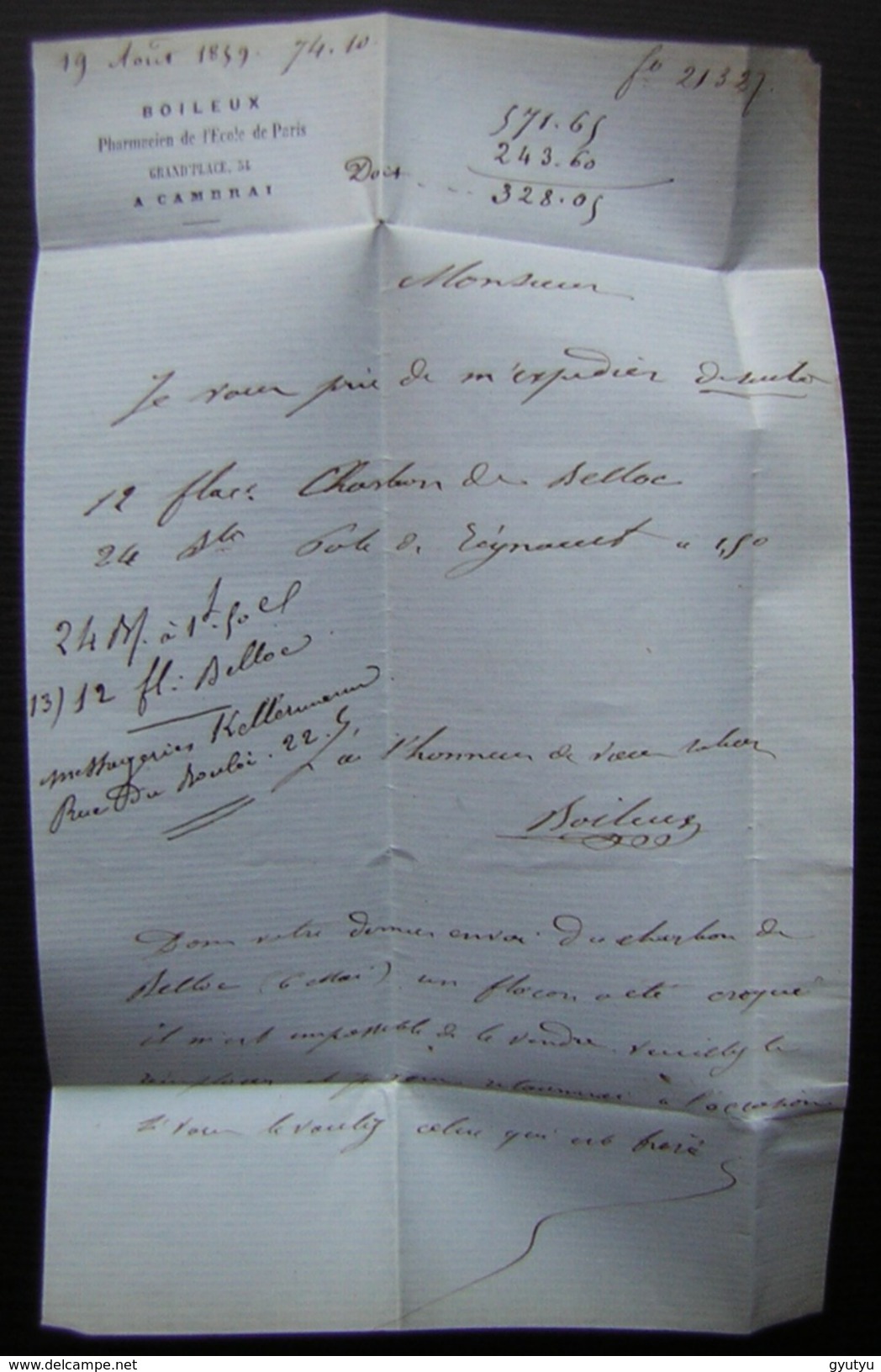 1859 Lettre  De Cambrai Pour Un Pharmacien De Paris (voir Photo Pour Le Détail) - 1849-1876: Période Classique