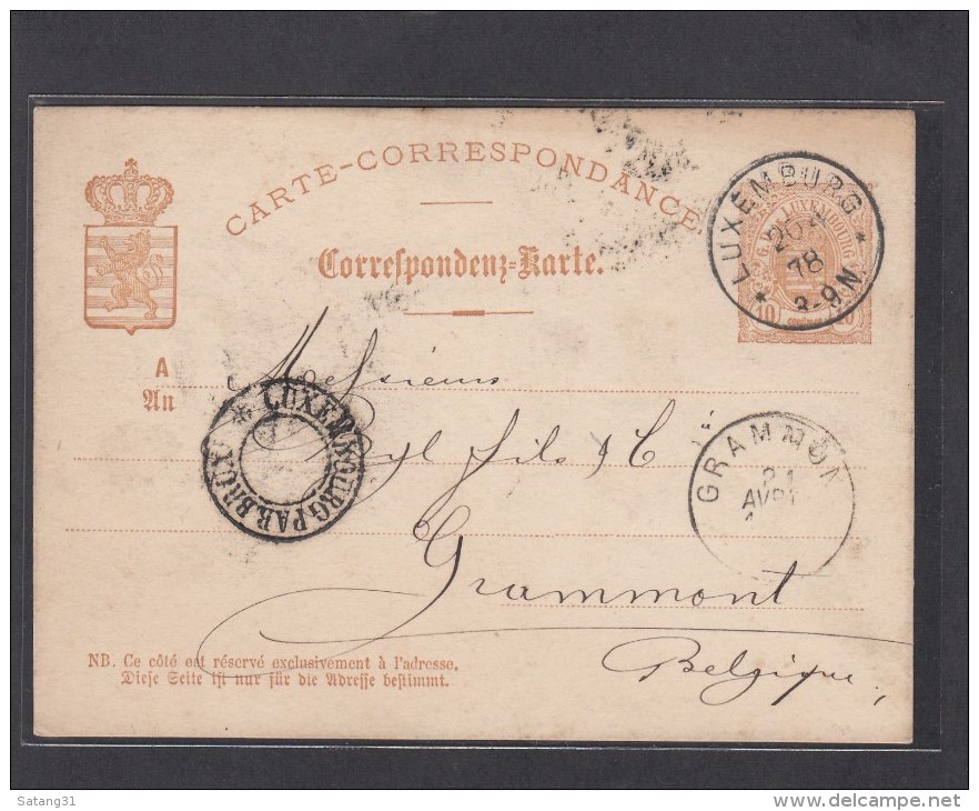 E.P. 10 CENT. BRUN.CONVOYEUR LUXEMBOURG PAR BRUXELLES POUR GRAMMONT 1878. - Ganzsachen