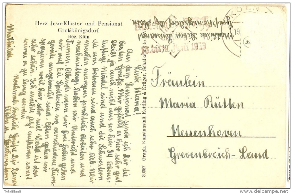 Herz Jesu Kloster U Pensionat Groß KÖNIGSDORF Frechen Vorderansicht Gelaufen Maschinenzusatzstempel  19....1938 Gelaufen - Frechen