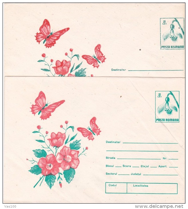 ERROR, DISPLACES IMAGE, 2 X COVERS STATIONERY, ENTIERE POSTAUX,BUTTERFLY,FLOWERS, 1989, ROMANIA - Errors, Freaks & Oddities (EFO)