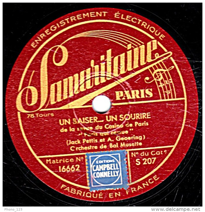 78 T.- 25 Cm - état B - Orchestre De Bal Musette - UN BAISER;;; UN SOURIRE - SEUL - 78 Rpm - Gramophone Records