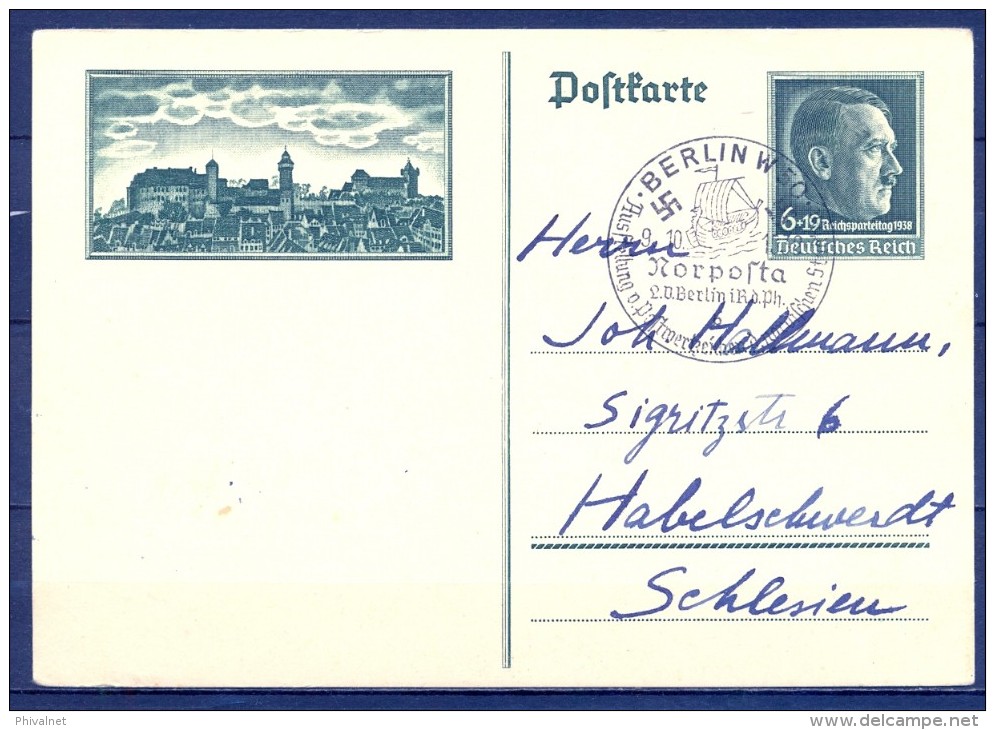 ALEMANIA 1938 , ENTERO POSTAL CIRCULADO DESDE BERLÍN , NORPOSTA , DIA DEL PARTIDO , HITLER , REICH. - Cartas & Documentos