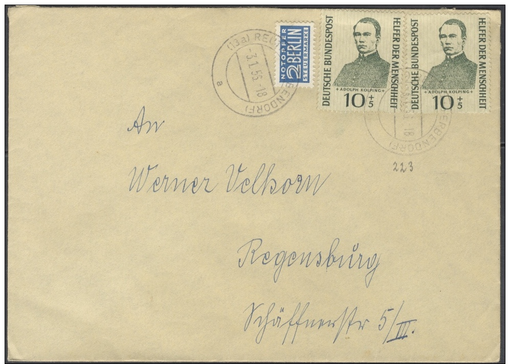 B572 Bund Bedarf 1956 Brief MEF Mi. 223 Adolf Kolping + Notopfer Hand-Stempel Reuth Portogerecht - Storia Postale