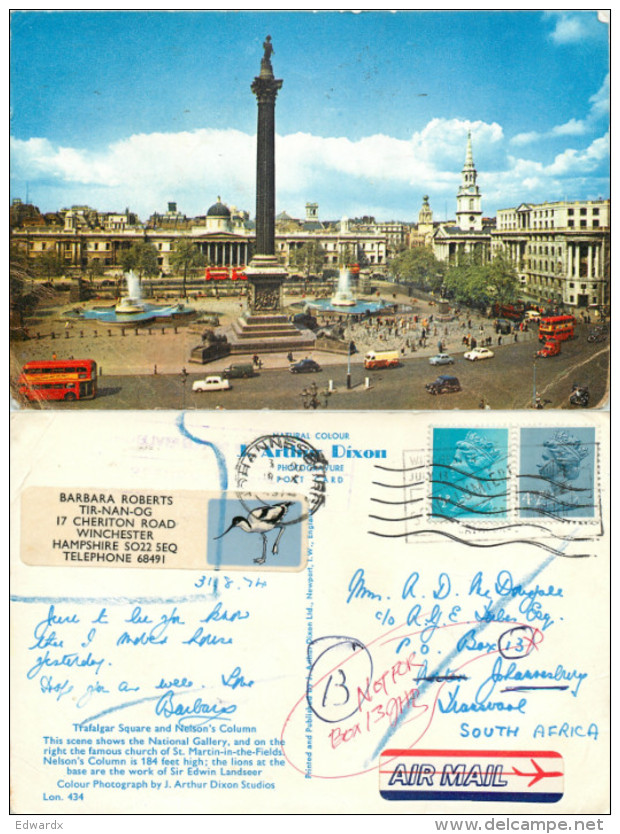 Trafalgar Square, London, England Postcard Posted To South Africa 1974 Stamp - Trafalgar Square