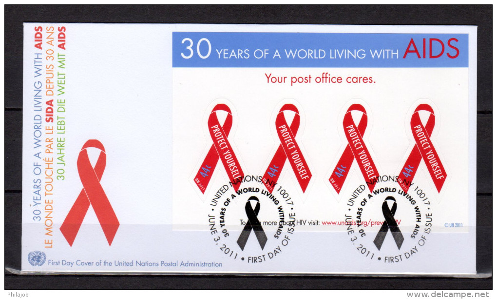 ONU (New-York) 2011 : Enveloppe 1er Jour FDC " LE SIDA DEPUIS 30 ANS / AIDS / AUTOCOLLANTS " N° YT 1247. - Krankheiten