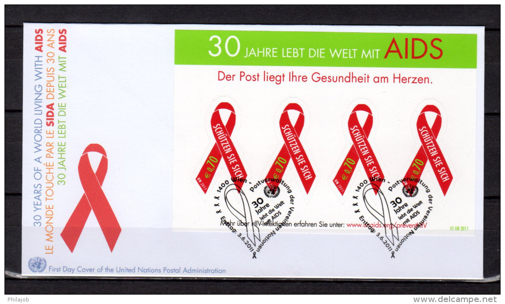 ONU (Vienne) 2011 : Enveloppe 1er Jour FDC " LE SIDA DEPUIS 30 ANS / AIDS / AUTOCOLLANTS " N° YT 737. - Malattie