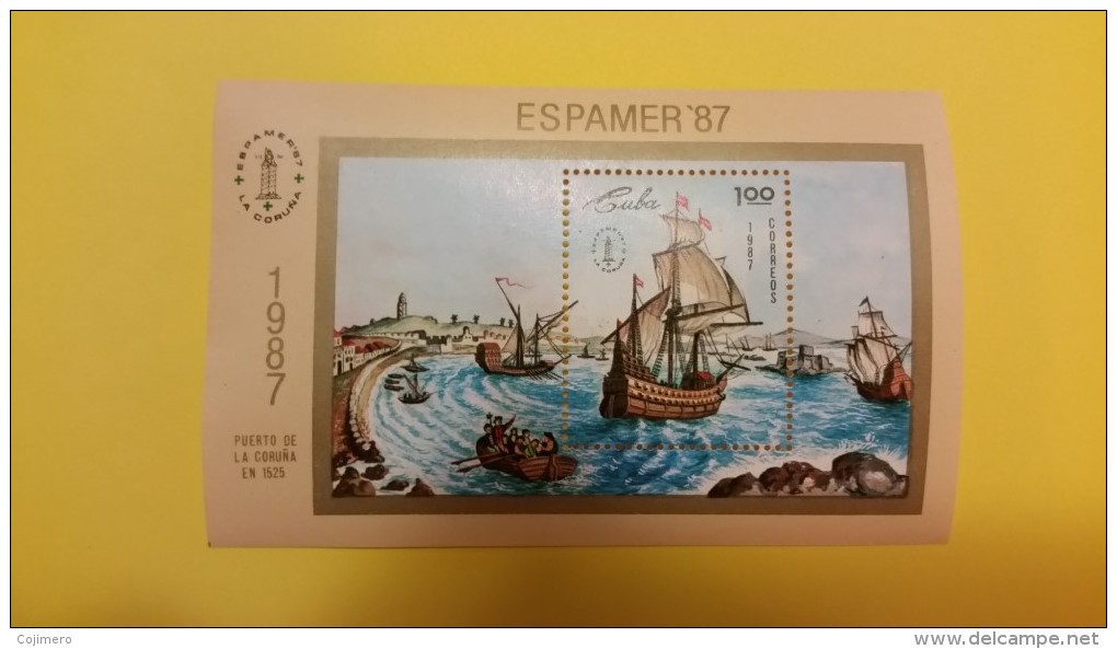 HOJA FILATELICA ESPAMER 1987 - SAILING SHIPS AT CORUÑA PORT IN 1525 - Collections, Lots & Series