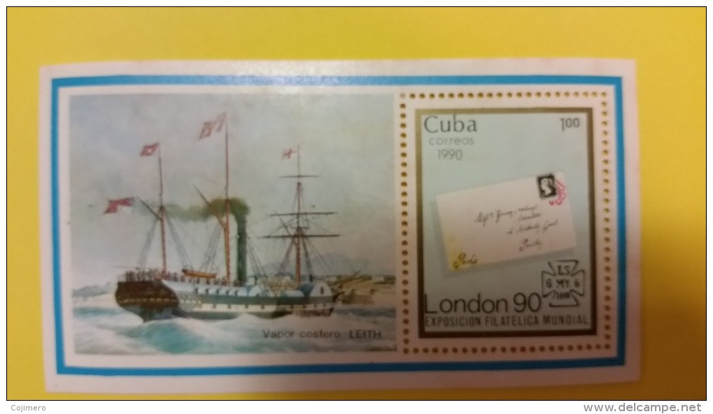 HOJA FILATELICA EXPOSICION MUNDIAL LONDON 1990 - CUBA -  STEAM SHIP - Collections, Lots & Series