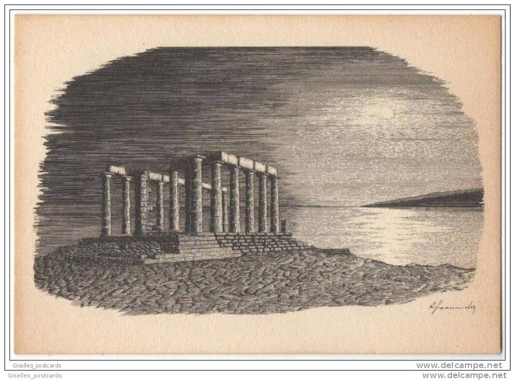 Artist Signed - Renos Joannides - Sunion (Temple Of Poseidon) Under Moonlight - Monumenten