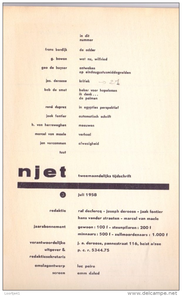 Tijdschrift Poezie Litteratuur NJET - Declercq - Deroose - Fontier - Vander Straeten - Van Maele - Knokke  Heist 6/1958 - Poésie