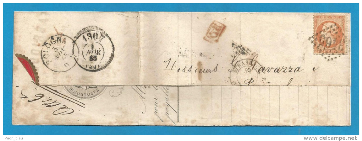 France - LAC Partielle De STRASBOURG (GC 3465) Vers L'Italie Du 31/10/65 - Verso 1307 + BOLOGNA - 1849-1876: Période Classique