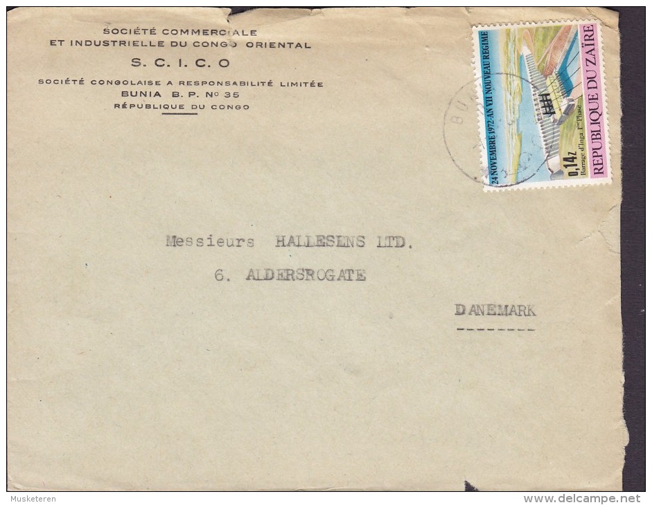 Zaire S. C. I. C. O., BUNIA 1972 Cover Lettre  Denmark Damm Barrage D'Inga Timbre - Gebruikt