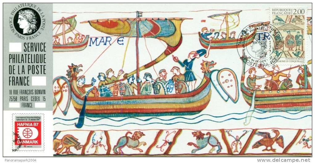 040 Carte Officielle Exposition Internationale Exhibition Hafnia FDC 1987 France Tapisserie De Bayeux Ship Boat Bateau - Barche