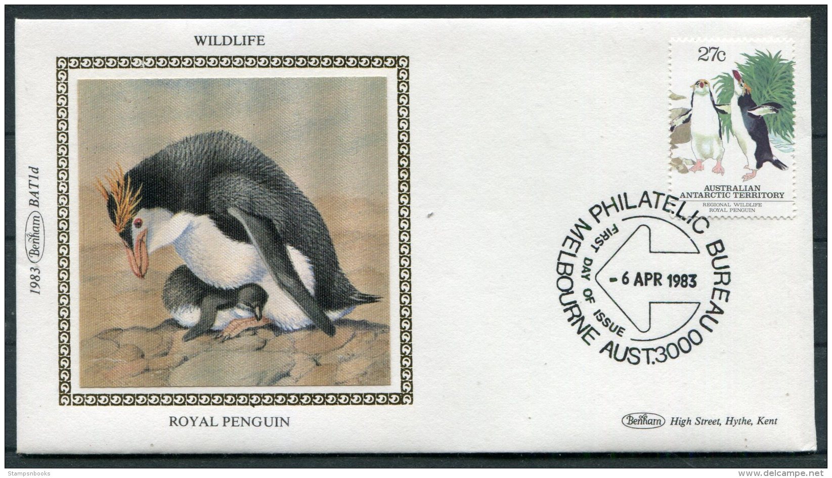 1983 A.A.T. Wildlife Benham Silk Set Of 5 FDCs /Elephant Seal, Royal Penguin, Antarctic Prion, Macquarie Shag, Albatross - FDC