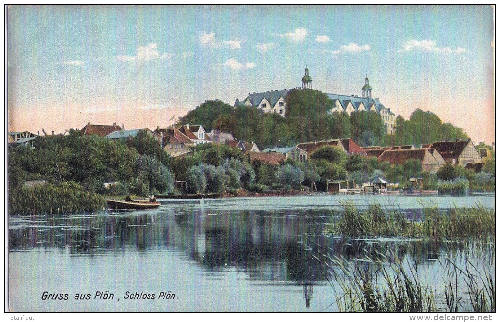 Gruss Aus Plön Schloss Plön über Den See Belebt Ruderboot 2 Angler Bahnpost KIEL - LÜBECK ZUG 715 ? 14.1.1909 - Ploen