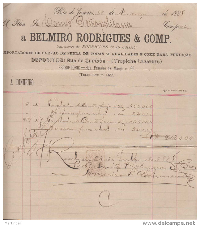 Brazil Brasil 1888 Bill BELMIRO RODRIGUES Rio De Janeiro With Tax Stamp - Covers & Documents