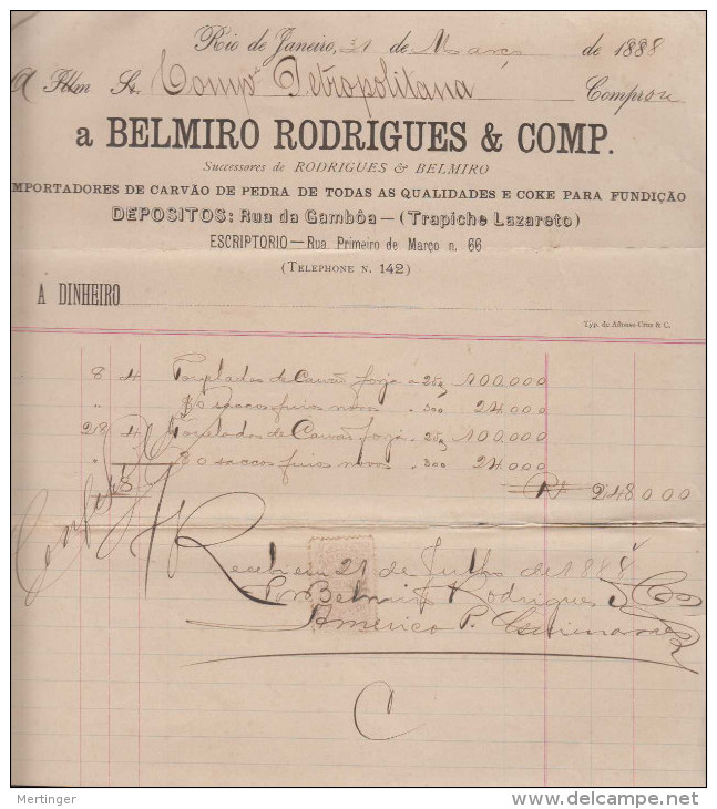 Brazil Brasil 1888 Bill BELMIRO RODRIGUES Rio De Janeiro With Tax Stamp - Lettres & Documents