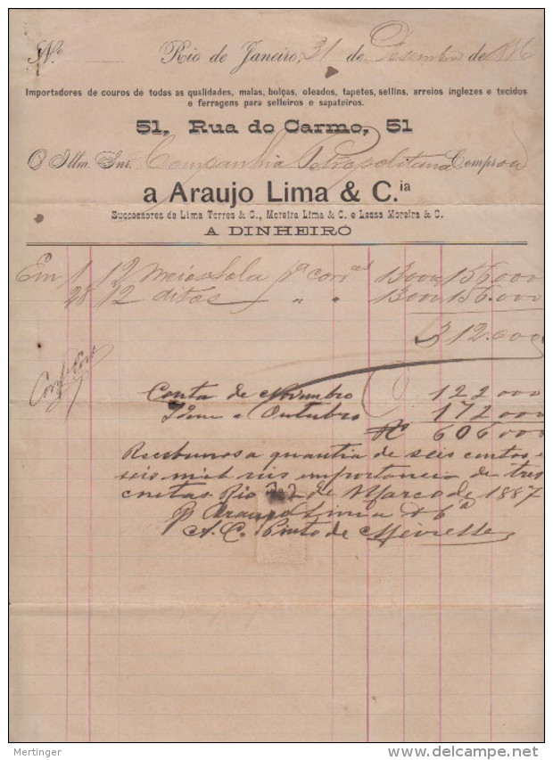 Brazil Brasil 1889 Bill ARAUJO LIMA Rio De Janeiro With Tax Stamp - Brieven En Documenten