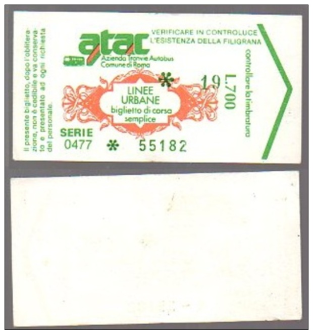 Metro Ticket ROMA ATAC 1980, 700&pound;, Num 1 - No Adv - Italy - Europa